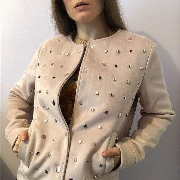 Zara Pastel Pink Faux Suede Studded Jacket Size S Collarless - Picture 8 of 14